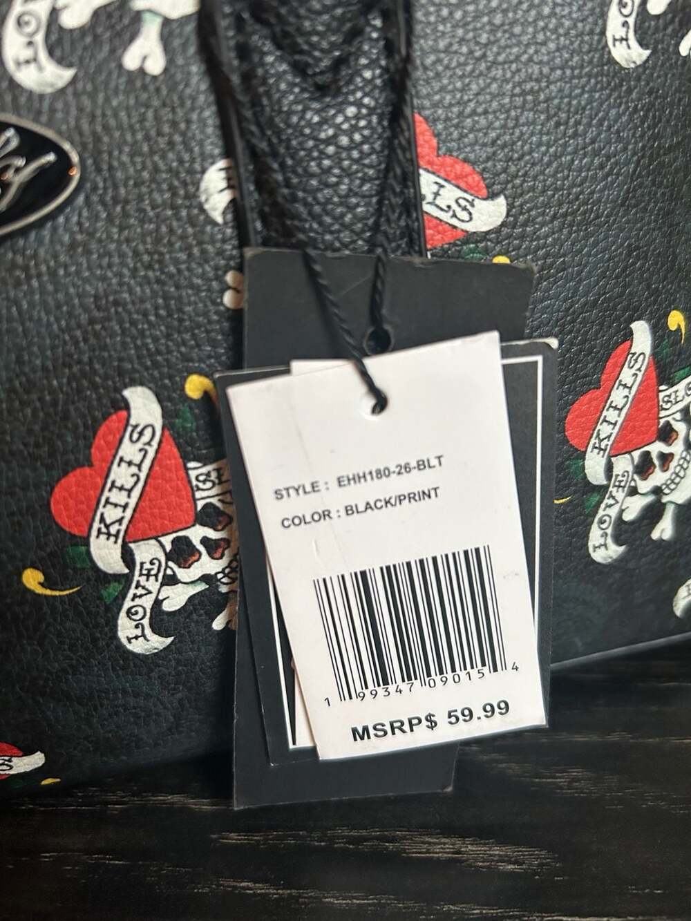 NWT Ed Hardy Love Kills Slowly Black Skull Print Satchel Bag with Heart Charm - Picture 2 of 5